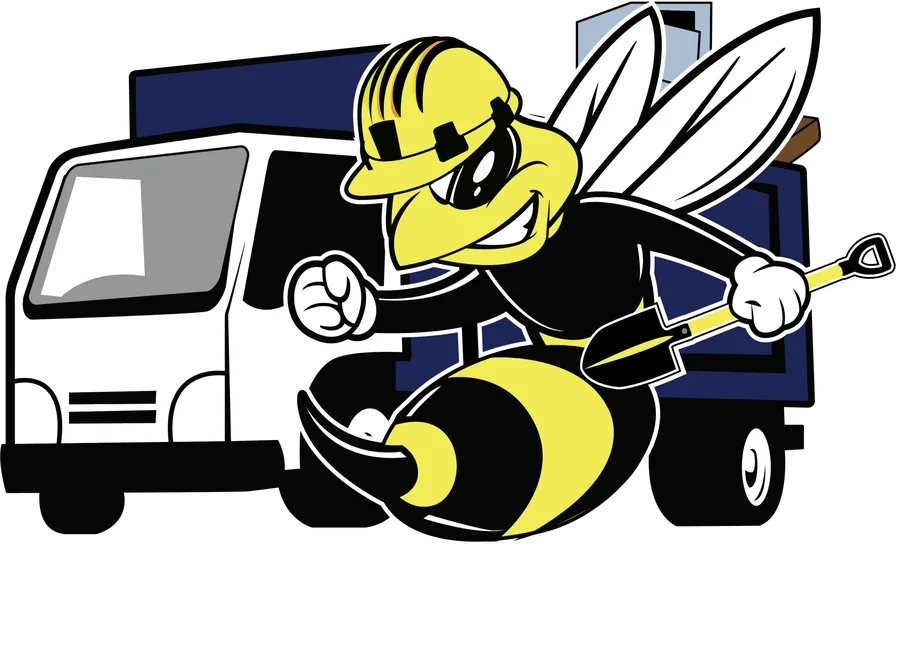 Junk Gone hornet mascot with hard hat and shovel in front of a truck