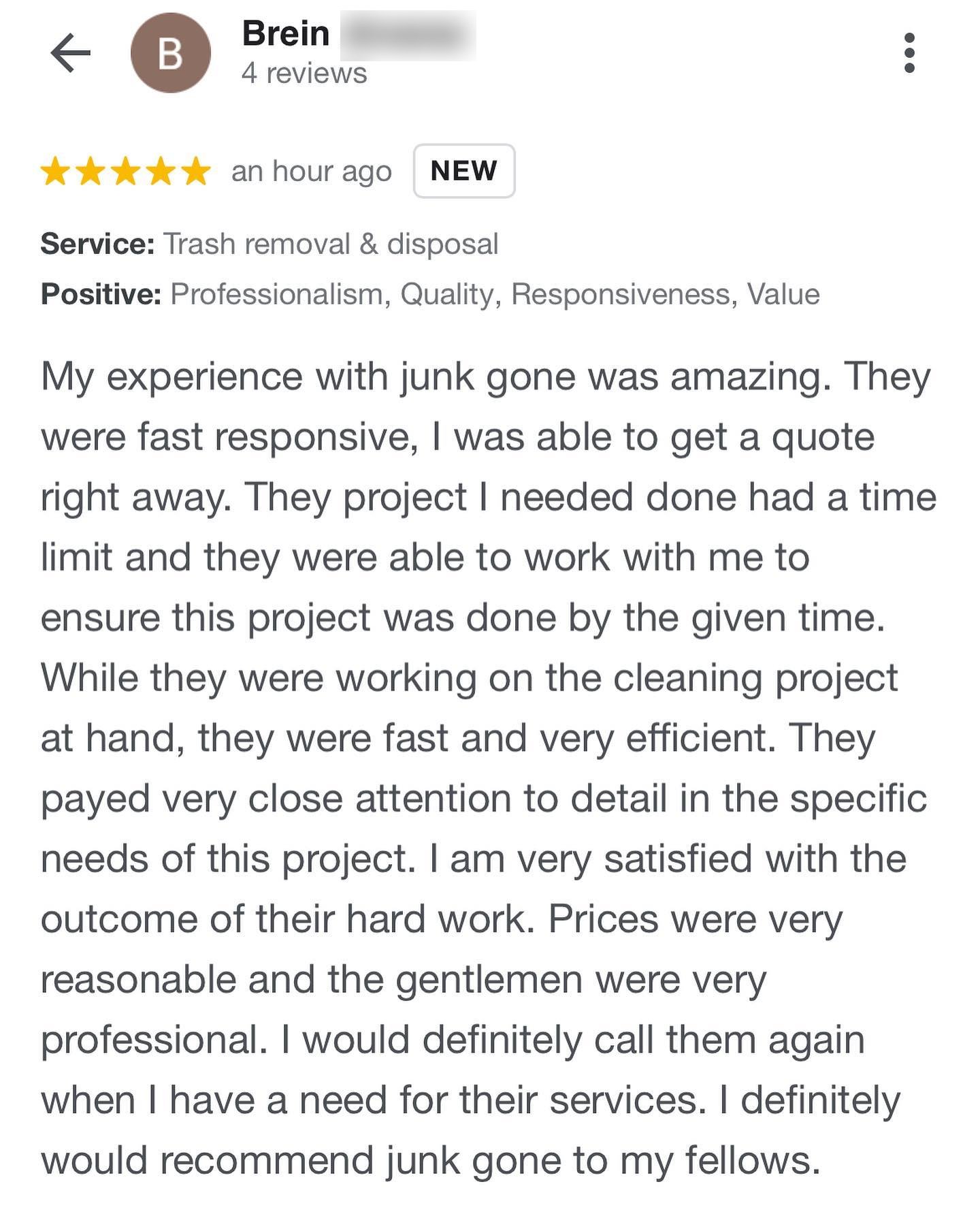 Five-star Google review from Brein A. praising fast quotes, fair prices and a professional crew