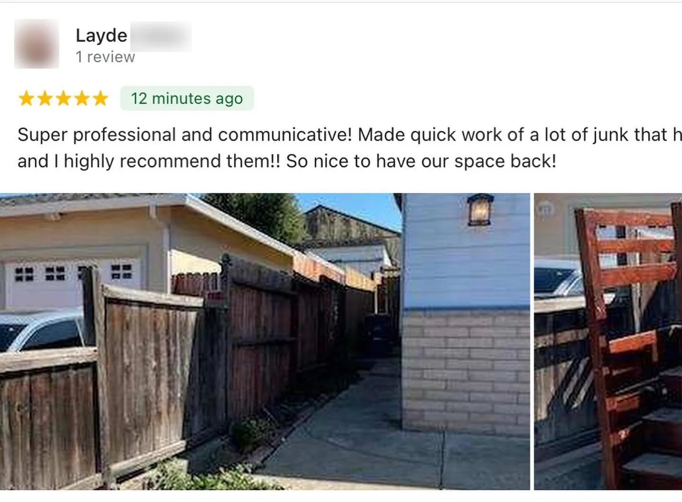 Five-star Google review from Layde C.: super professional and communicative