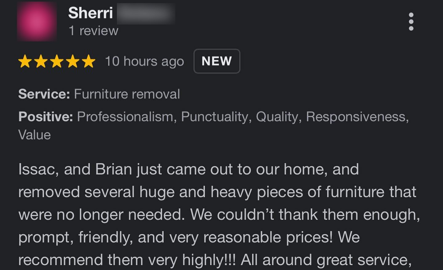 Five-star Google review from Sherri S. for furniture removal