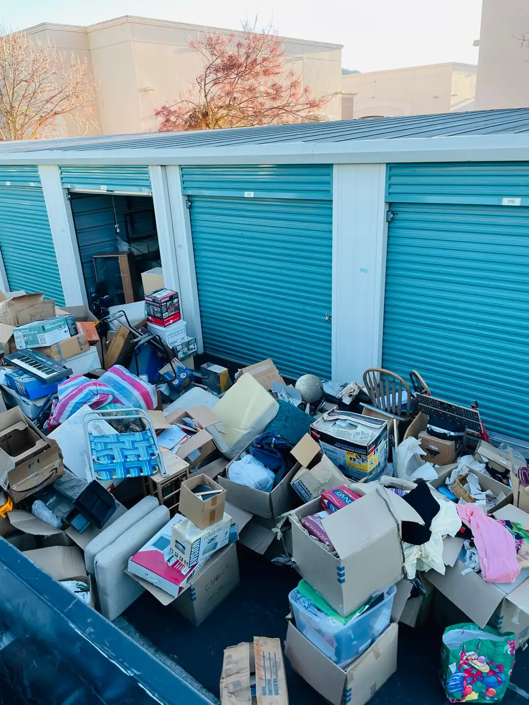 Contents of a storage unit pulled out for sorting during a storage unit cleanout